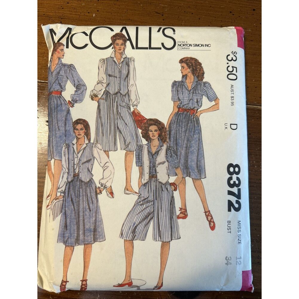 Vintage McCall’s 8372 | Uncut Sewing Pattern | Vest Blouse Skirt Culottes | Miss